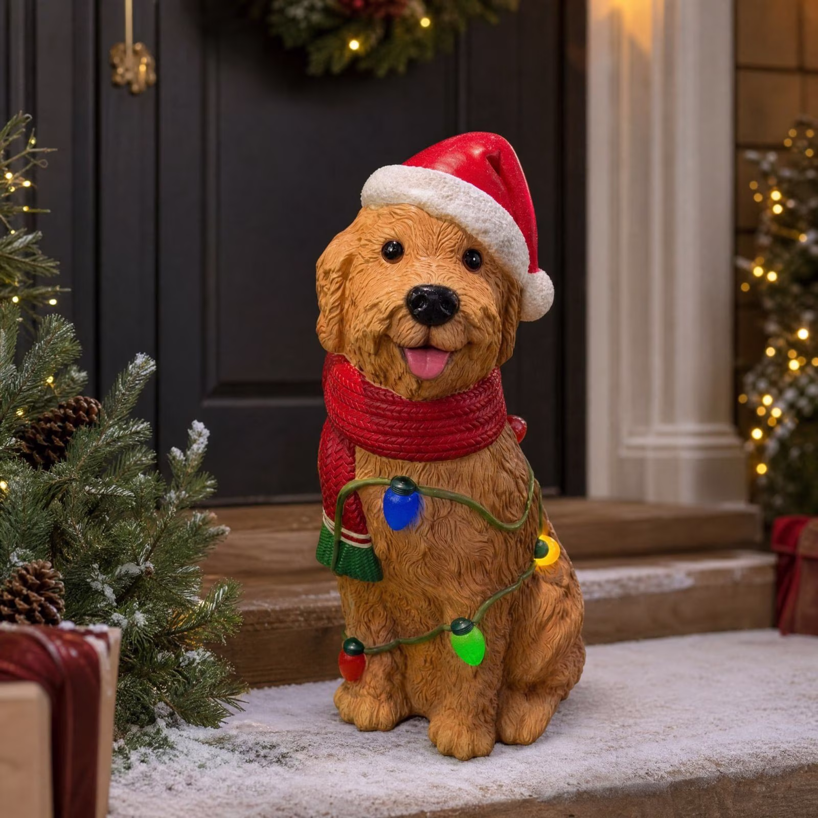 Christmas Goldendoodle Statue with Colorful LED String Lights, Cute Sitting Dog Figurine with Santa Hat & Red Scarf, Resin Holiday Tabletop Decor Ornament